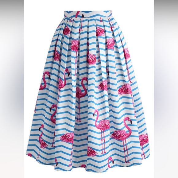 Pink Flamingo Nautical Blue White Stripe High Waisted Full Midi Skirt - Picture 15 of 16